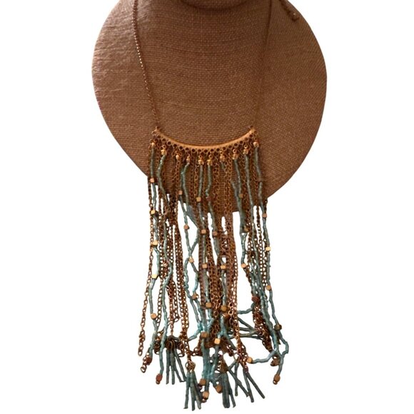 Boho Chic Fringe Bib Necklace Blue Gold Beads Gold Tone Chains Statement - Picture 5 of 9